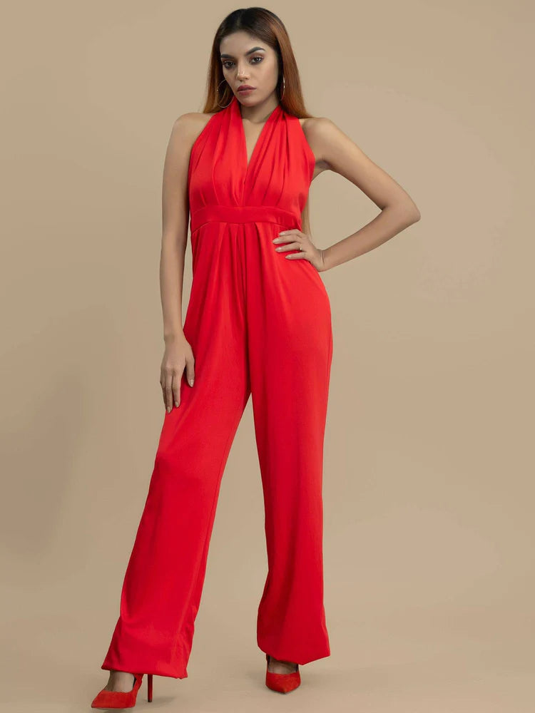 Tall Sweetheart Neckline Backless Jumpsuit in Red
